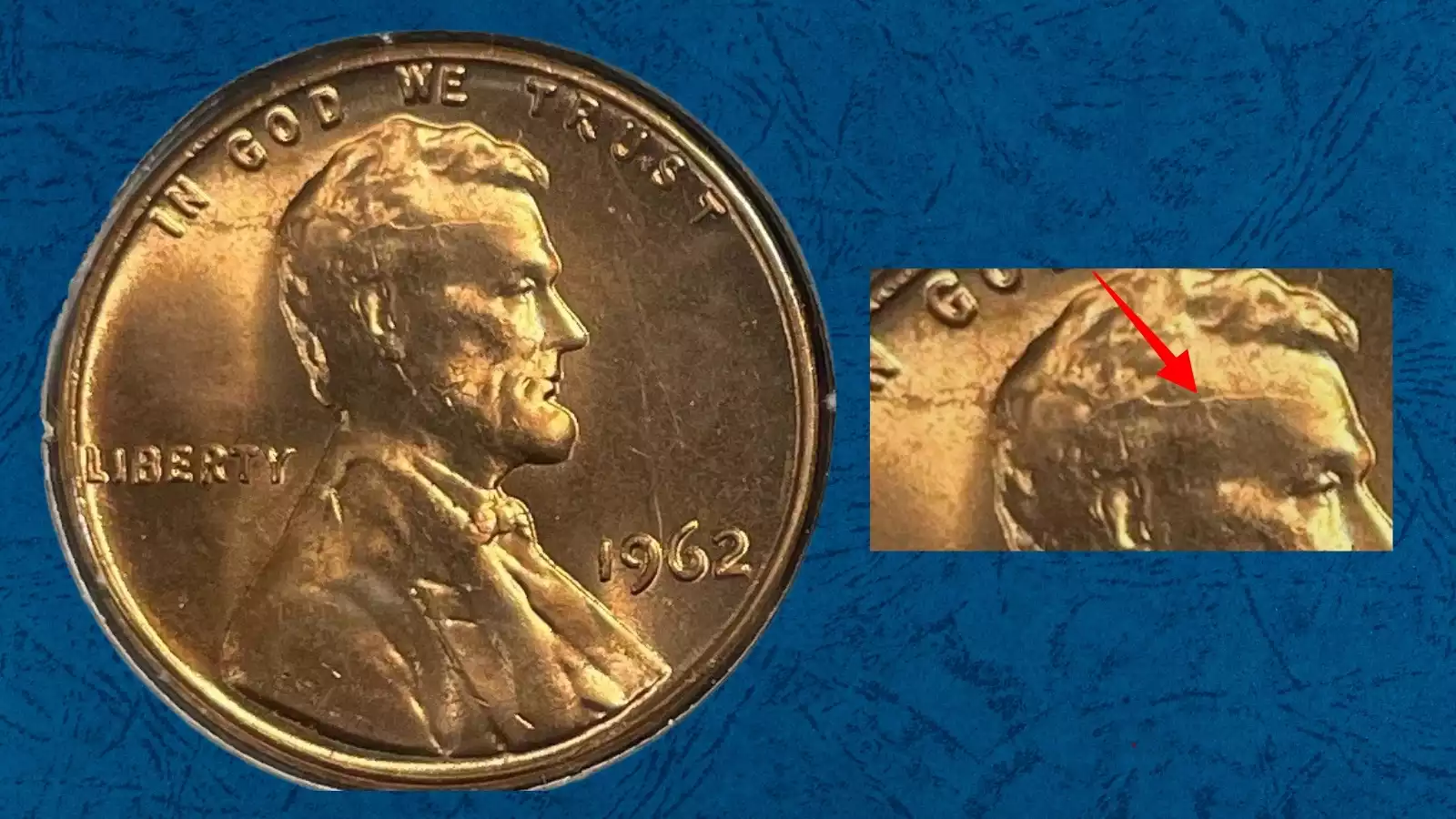 Close-up of 1962 penny showing BIE die crack error between B and E in LIBERTY inscription