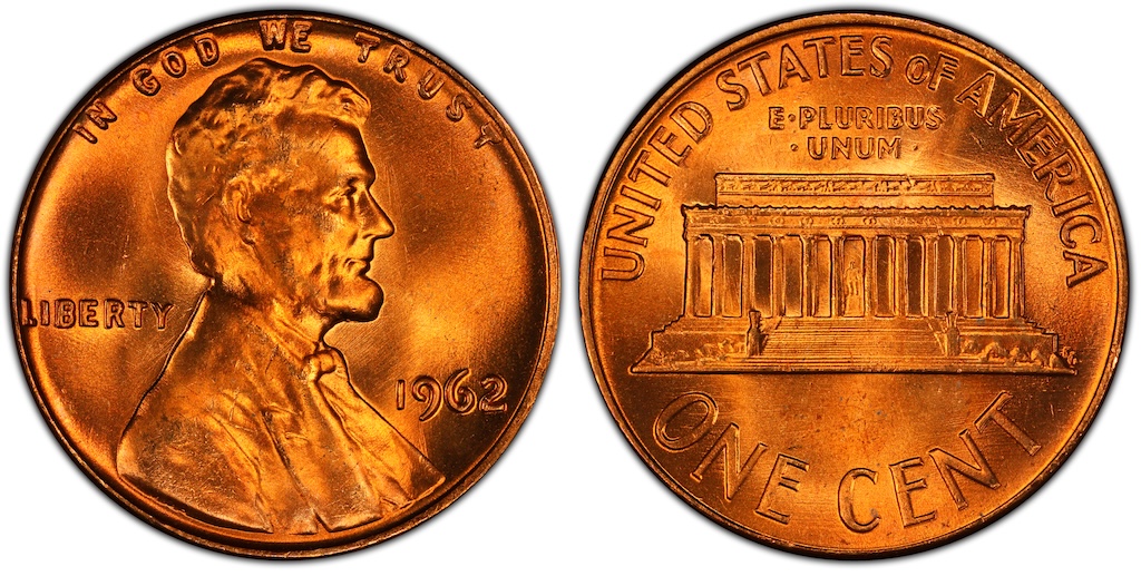 Group of 1962 Lincoln Memorial cents showing Philadelphia no mint mark, Denver D, and Proof varieties side by side